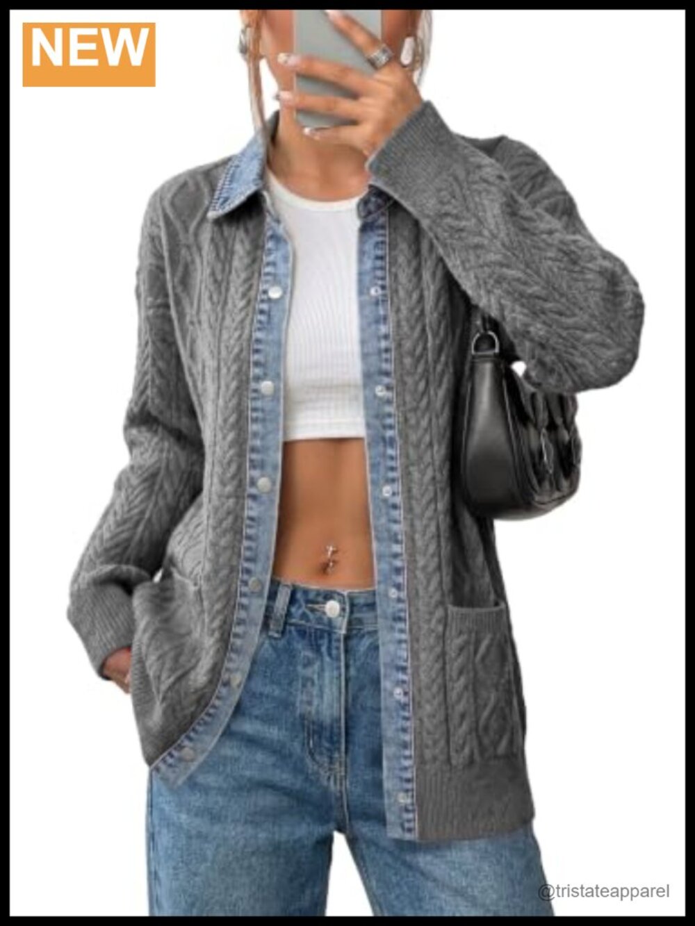 Women's Cable Knit Denim Collar Cardigan Button Front Long Sleeve